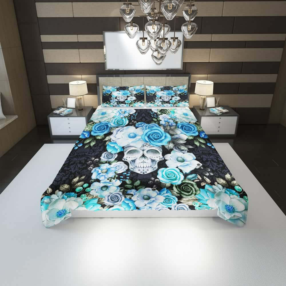 Blue & White Floral Skull Duvet Cover Set - Y2K Grunge, 90s Retro, Gothic Pastel Goth Bedding