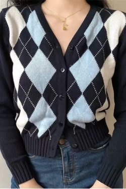 Blue Argyle Cardigan - Y2K Summer & 90s Fashion, Grunge, Retro, Pastel Goth, Y2K Popstar