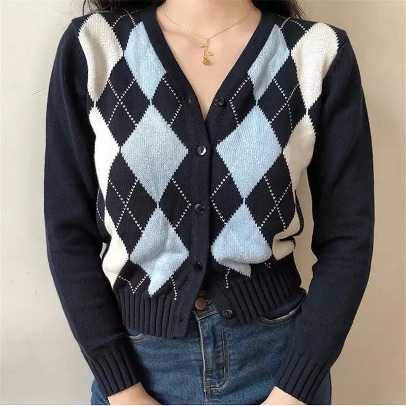 Blue Argyle Cardigan - Y2K Summer & 90s Fashion, Grunge, Retro, Pastel Goth, Y2K Popstar