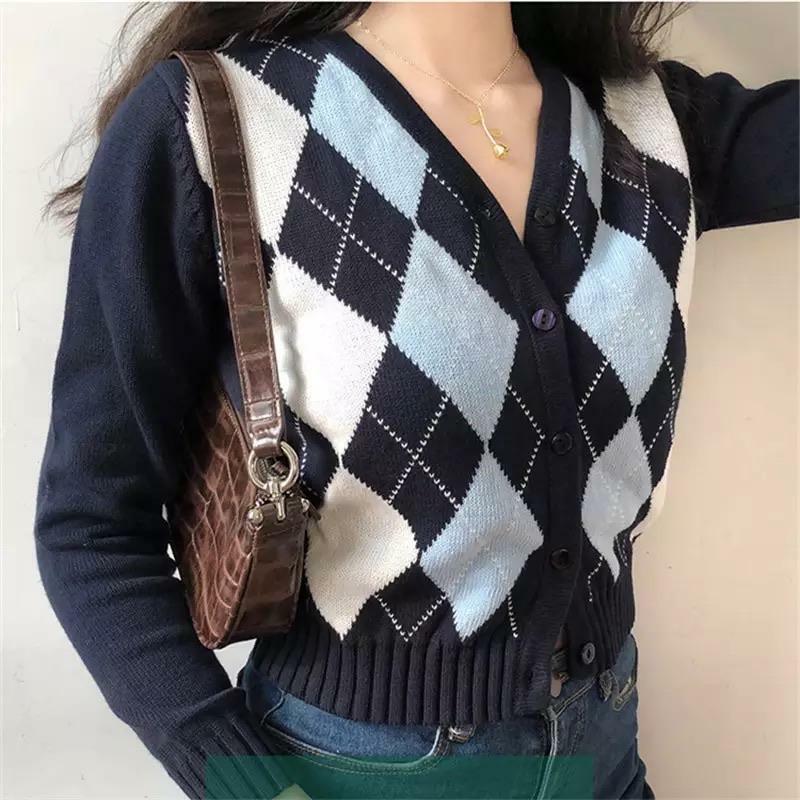 Blue Argyle Cardigan - Y2K Summer & 90s Fashion, Grunge, Retro, Pastel Goth, Y2K Popstar