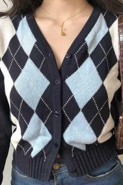 Blue Argyle Cardigan - Y2K Summer & 90s Fashion, Grunge, Retro, Pastel Goth, Y2K Popstar