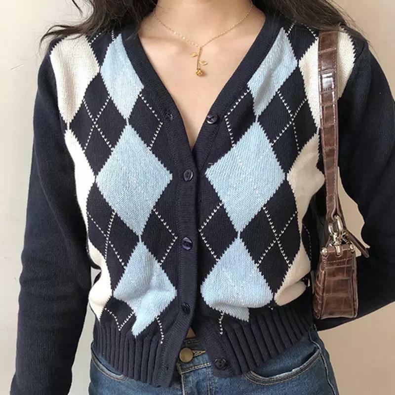 Blue Argyle Cardigan - Y2K Summer & 90s Fashion, Grunge, Retro, Pastel Goth, Y2K Popstar
