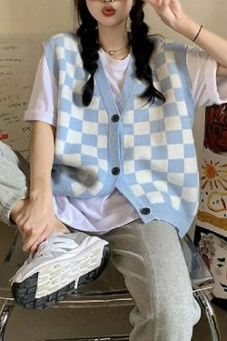 Blue Checkerboard Knitted Sweater - Y2K Summer, 90s Grunge, Retro Style, Y2K Club & Party Outfits