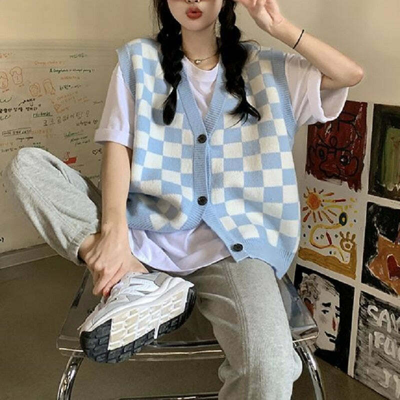 Blue Checkerboard Knitted Sweater - Y2K Summer, 90s Grunge, Retro Style, Y2K Club & Party Outfits