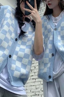 Blue Checkerboard Knitted Sweater - Y2K Summer, 90s Grunge, Retro Style, Y2K Club & Party Outfits