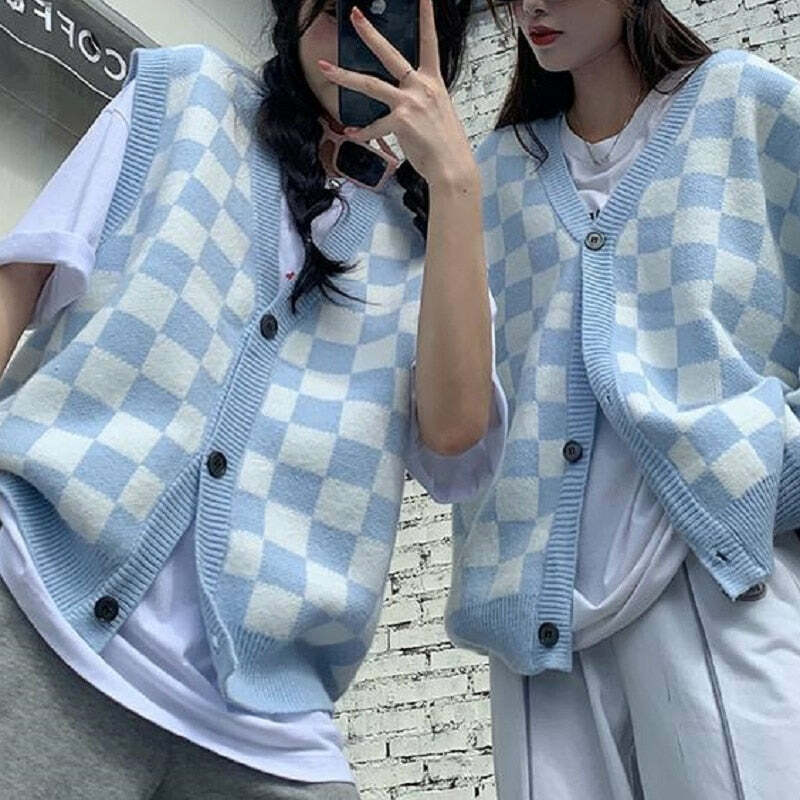 Blue Checkerboard Knitted Sweater - Y2K Summer, 90s Grunge, Retro Style, Y2K Club & Party Outfits