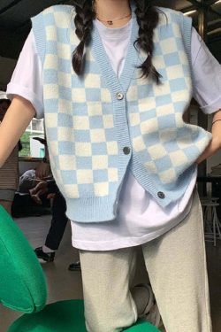 Blue Checkerboard Knitted Sweater - Y2K Summer, 90s Grunge, Retro Style, Y2K Club & Party Outfits