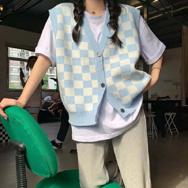 Blue Checkerboard Knitted Sweater - Y2K Summer, 90s Grunge, Retro Style, Y2K Club & Party Outfits