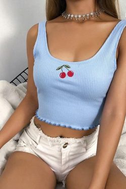 Blue Cherry Crop Top - Y2K Summer Outfit, 90s Fashion, Grunge, Retro Style, Y2K Club & Party Wear