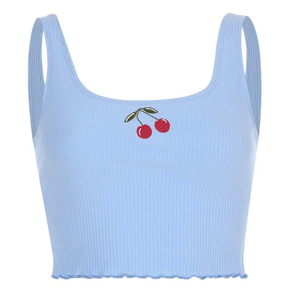 Blue Cherry Crop Top - Y2K Summer Outfit, 90s Fashion, Grunge, Retro Style, Y2K Club & Party Wear