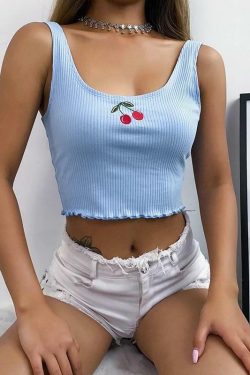 Blue Cherry Crop Top - Y2K Summer Outfit, 90s Fashion, Grunge, Retro Style, Y2K Club & Party Wear