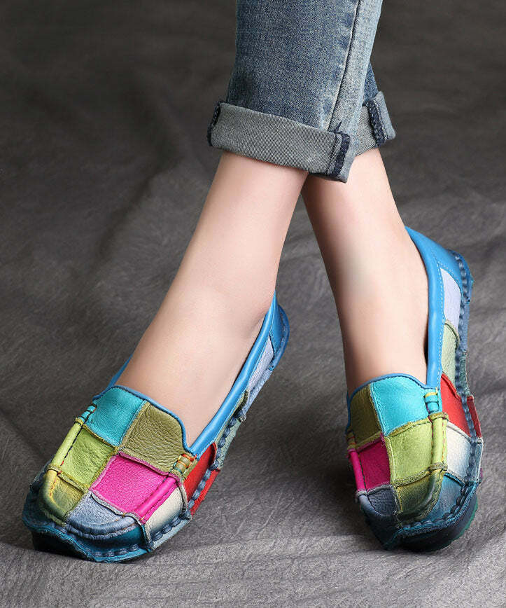 Blue Cowhide Leather Y2K Grunge Splicing Flat Penny Loafers - Retro 90s Summer Fashion
