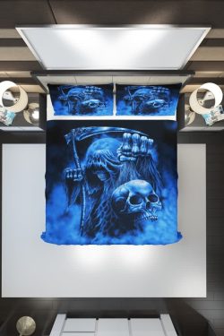 Blue Death Skull Duvet Cover Set - Y2K Grunge, 90s Retro, Gothic Pastel Goth Bedding