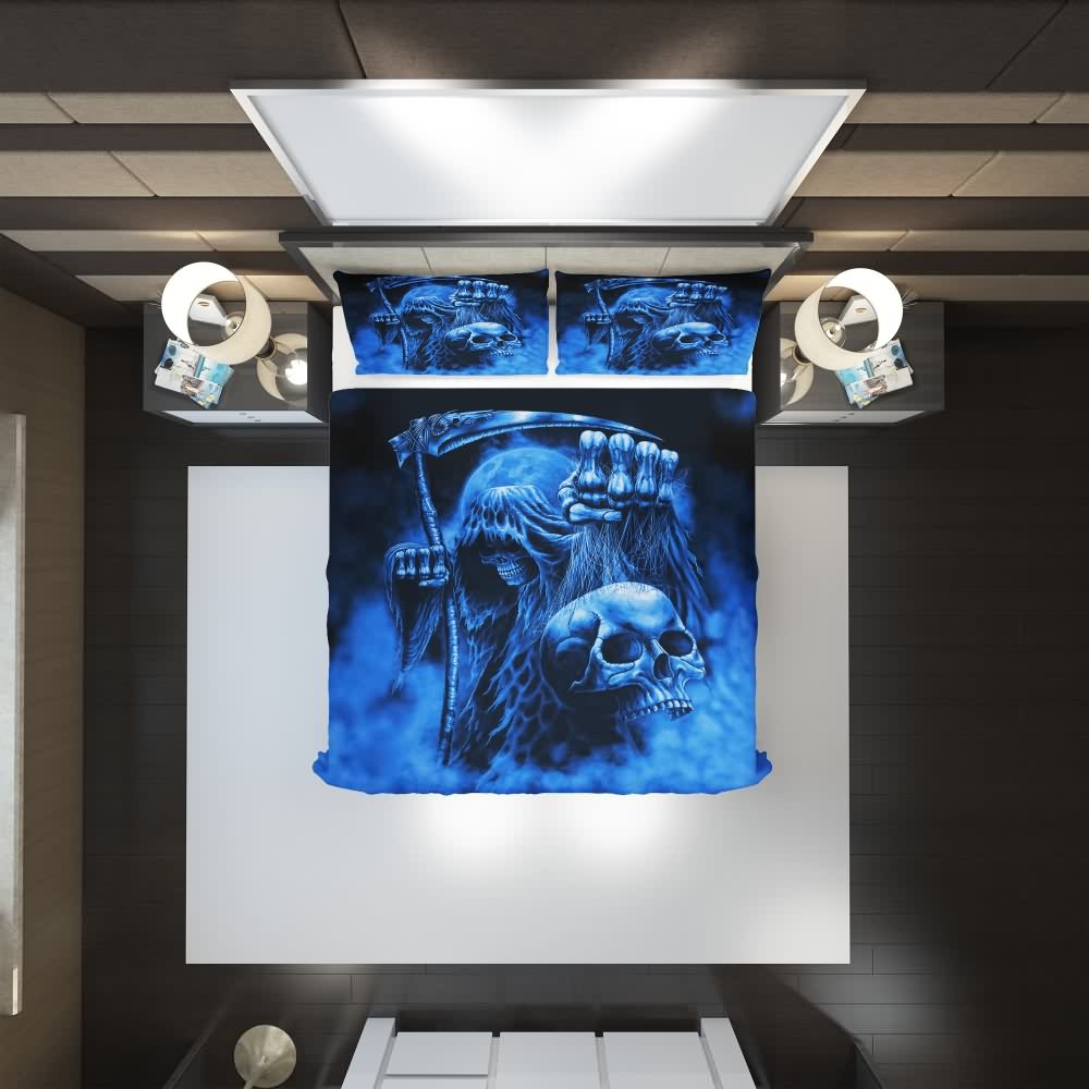 Blue Death Skull Duvet Cover Set - Y2K Grunge, 90s Retro, Gothic Pastel Goth Bedding