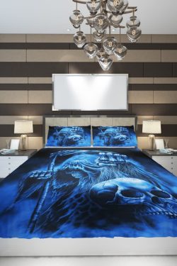 Blue Death Skull Duvet Cover Set - Y2K Grunge, 90s Retro, Gothic Pastel Goth Bedding