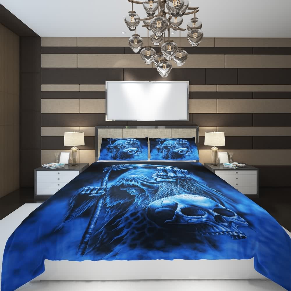 Blue Death Skull Duvet Cover Set - Y2K Grunge, 90s Retro, Gothic Pastel Goth Bedding