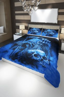 Blue Death Skull Duvet Cover Set - Y2K Grunge, 90s Retro, Gothic Pastel Goth Bedding
