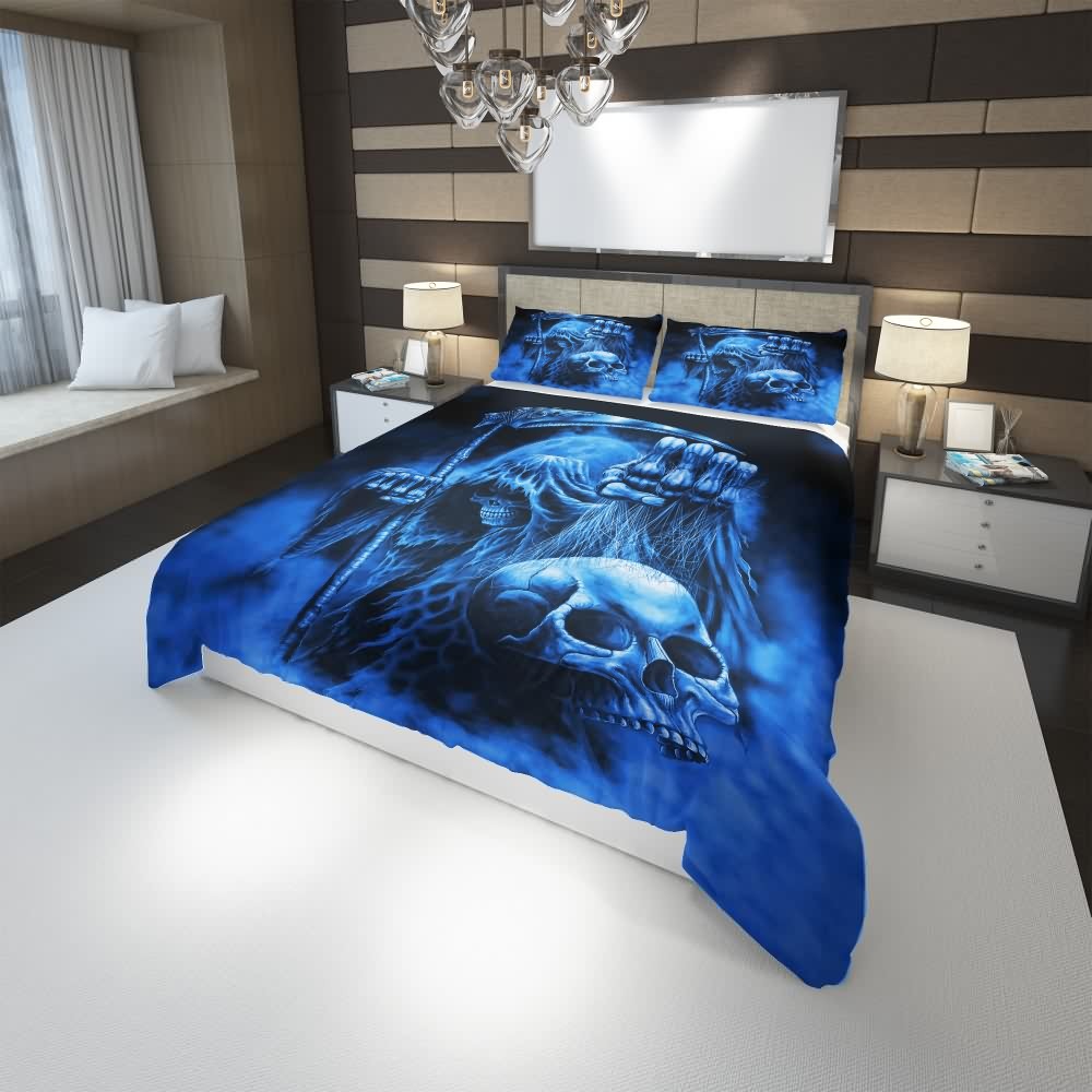 Blue Death Skull Duvet Cover Set - Y2K Grunge, 90s Retro, Gothic Pastel Goth Bedding