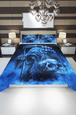 Blue Death Skull Duvet Cover Set - Y2K Grunge, 90s Retro, Gothic Pastel Goth Bedding
