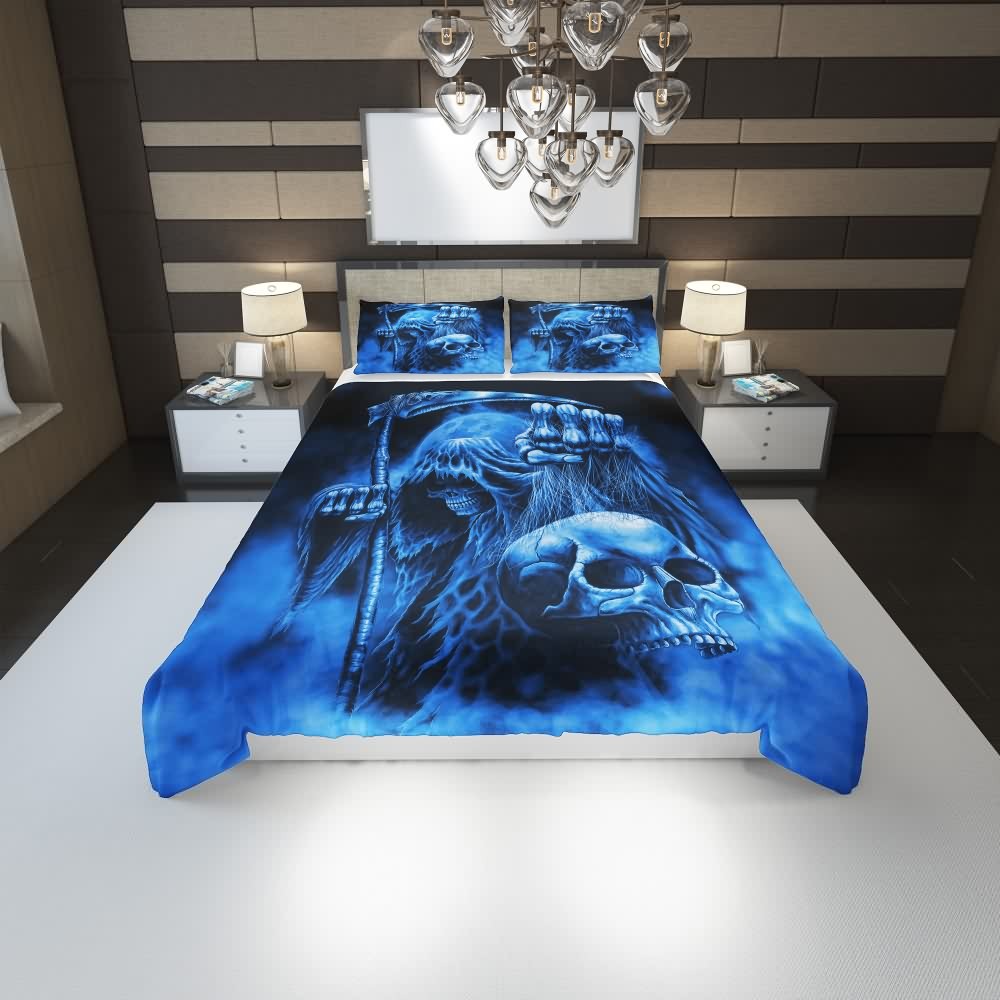Blue Death Skull Duvet Cover Set - Y2K Grunge, 90s Retro, Gothic Pastel Goth Bedding