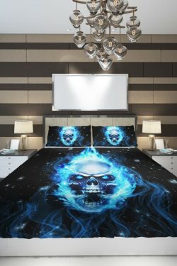 Blue Flame Skull Duvet Cover Set - Y2K Grunge, 90s Retro, Gothic Pastel Goth, Y2K Popstar