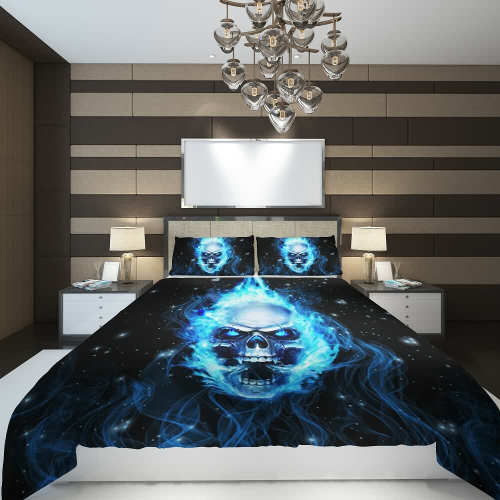 Blue Flame Skull Duvet Cover Set - Y2K Grunge, 90s Retro, Gothic Pastel Goth, Y2K Popstar