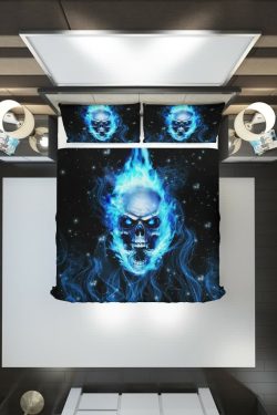 Blue Flame Skull Duvet Cover Set - Y2K Grunge, 90s Retro, Gothic Pastel Goth, Y2K Popstar