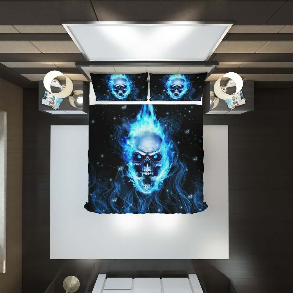 Blue Flame Skull Duvet Cover Set - Y2K Grunge, 90s Retro, Gothic Pastel Goth, Y2K Popstar