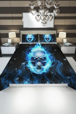 Blue Flame Skull Duvet Cover Set - Y2K Grunge, 90s Retro, Gothic Pastel Goth, Y2K Popstar