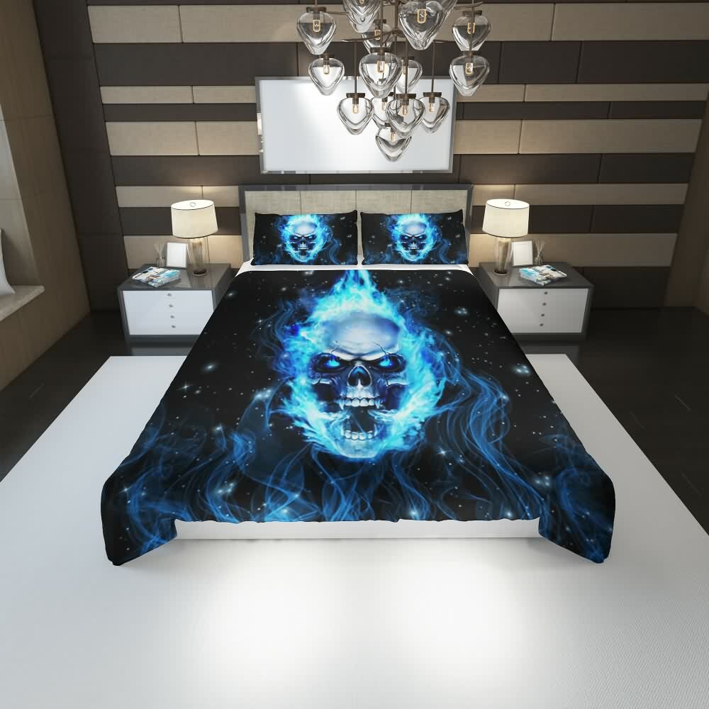 Blue Flame Skull Duvet Cover Set - Y2K Grunge, 90s Retro, Gothic Pastel Goth, Y2K Popstar