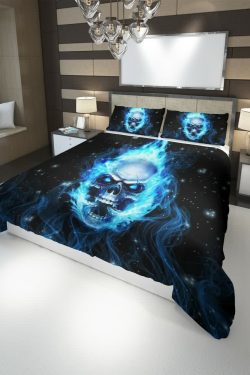 Blue Flame Skull Duvet Cover Set - Y2K Grunge, 90s Retro, Gothic Pastel Goth, Y2K Popstar