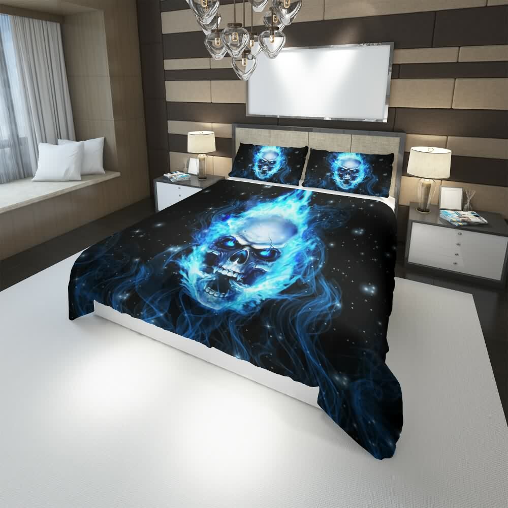 Blue Flame Skull Duvet Cover Set - Y2K Grunge, 90s Retro, Gothic Pastel Goth, Y2K Popstar