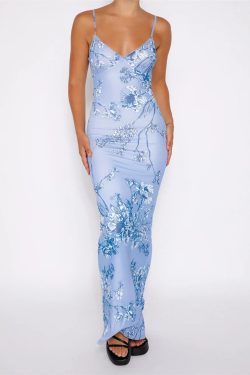 Blue Floral Bodycon Dress - Y2K Summer Outfit, 90s Fashion, Grunge, Retro Style, Y2K Party Look