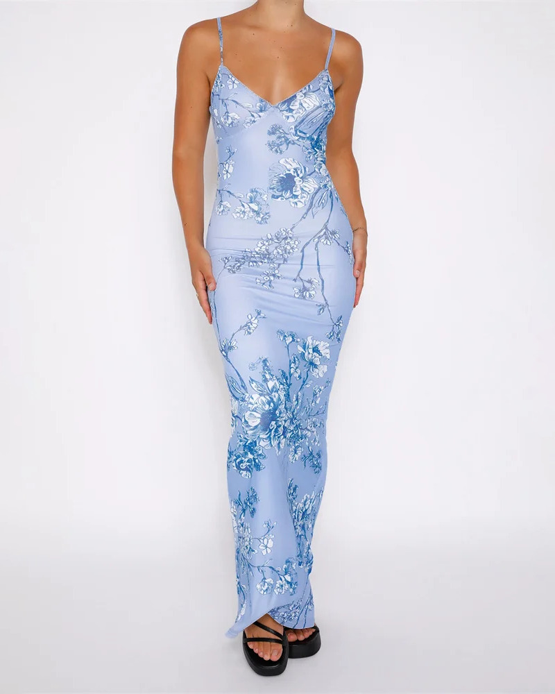 Blue Floral Bodycon Dress - Y2K Summer Outfit, 90s Fashion, Grunge, Retro Style, Y2K Party Look
