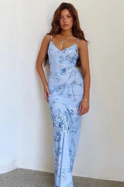 Blue Floral Bodycon Dress - Y2K Summer Outfit, 90s Fashion, Grunge, Retro Style, Y2K Party Look