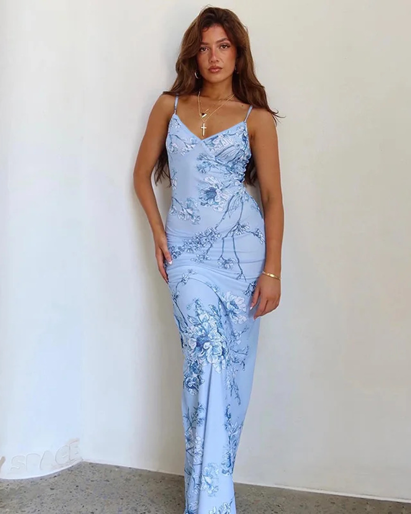 Blue Floral Bodycon Dress - Y2K Summer Outfit, 90s Fashion, Grunge, Retro Style, Y2K Party Look
