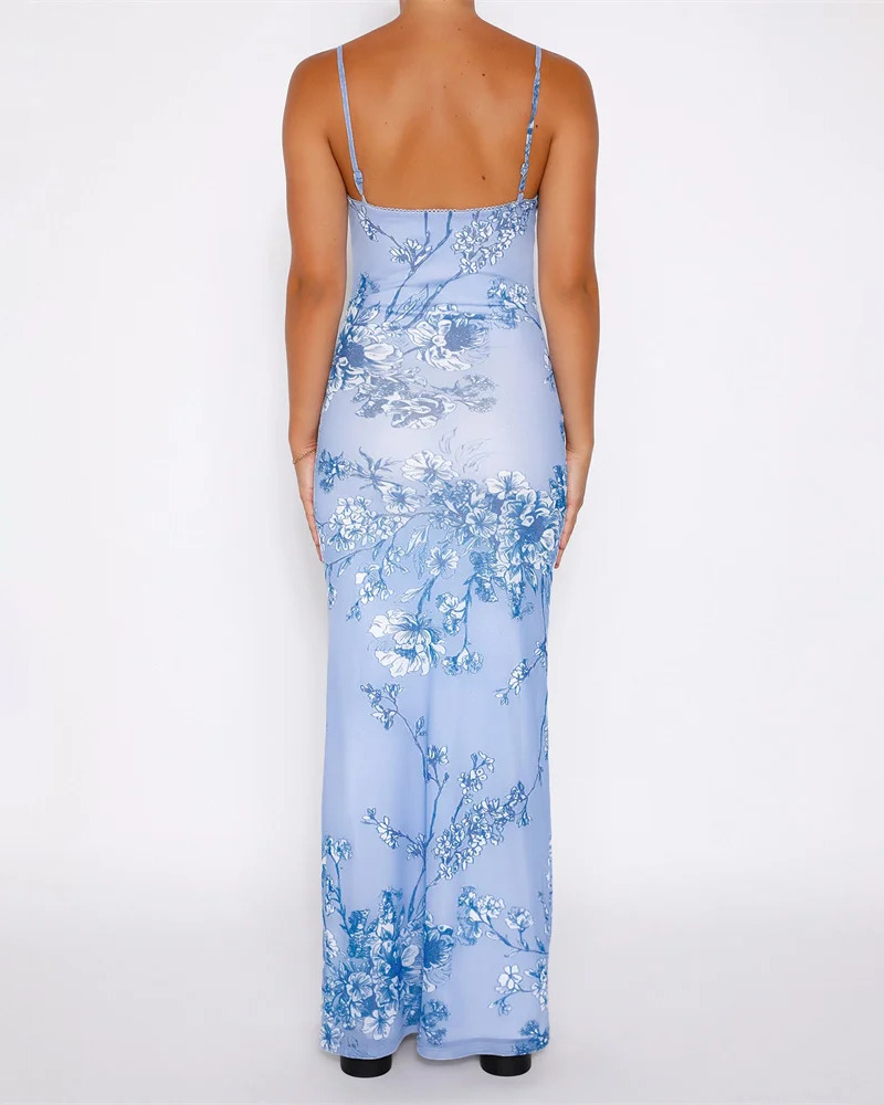 Blue Floral Bodycon Dress - Y2K Summer Outfit, 90s Fashion, Grunge, Retro Style, Y2K Party Look