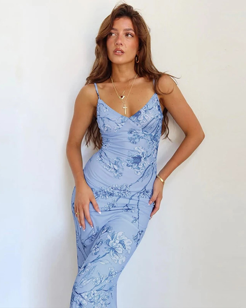 Blue Floral Bodycon Dress - Y2K Summer Outfit, 90s Fashion, Grunge, Retro Style, Y2K Party Look