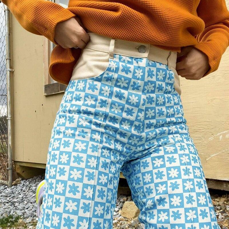 Blue Floral Print Pants - Y2K Summer Outfit, 90s Fashion, Grunge, Retro Style, Y2K Club Outfits