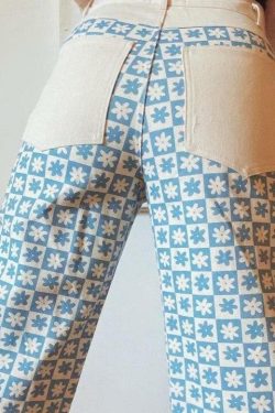 Blue Floral Print Pants - Y2K Summer Outfit, 90s Fashion, Grunge, Retro Style, Y2K Club Outfits