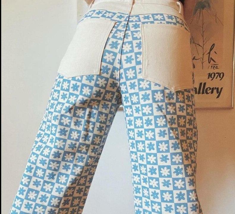Blue Floral Print Pants - Y2K Summer Outfit, 90s Fashion, Grunge, Retro Style, Y2K Club Outfits