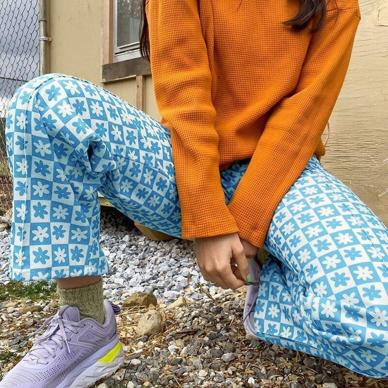 Blue Floral Print Pants - Y2K Summer Outfit, 90s Fashion, Grunge, Retro Style, Y2K Club Outfits