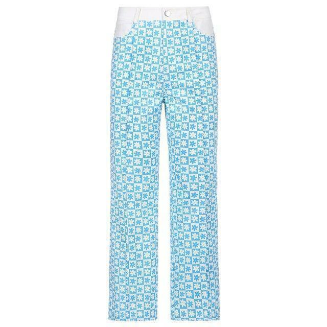 Blue Floral Print Pants - Y2K Summer Outfit, 90s Fashion, Grunge, Retro Style, Y2K Club Outfits