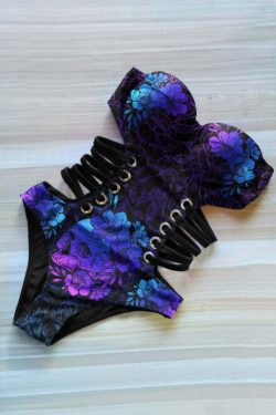 Blue Gradient Skull Flower Monokini - Y2K Summer Grunge 90s Retro Goth Swimsuit