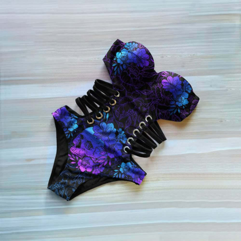 Blue Gradient Skull Flower Monokini - Y2K Summer Grunge 90s Retro Goth Swimsuit
