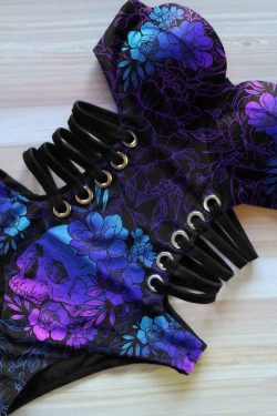 Blue Gradient Skull Flower Monokini - Y2K Summer Grunge 90s Retro Goth Swimsuit