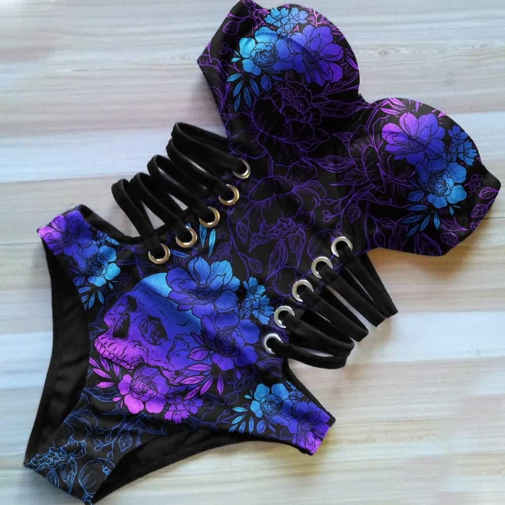 Blue Gradient Skull Flower Monokini - Y2K Summer Grunge 90s Retro Goth Swimsuit