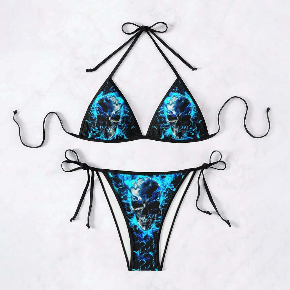 Blue Lightning Skull Halter String Bikini Set - Y2K Summer Grunge 90s Retro Beach Outfit