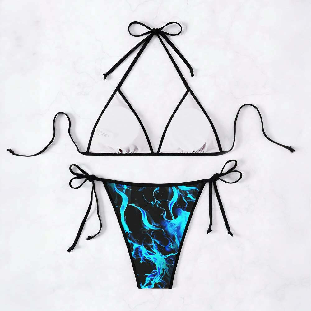 Blue Lightning Skull Halter String Bikini Set - Y2K Summer Grunge 90s Retro Beach Outfit