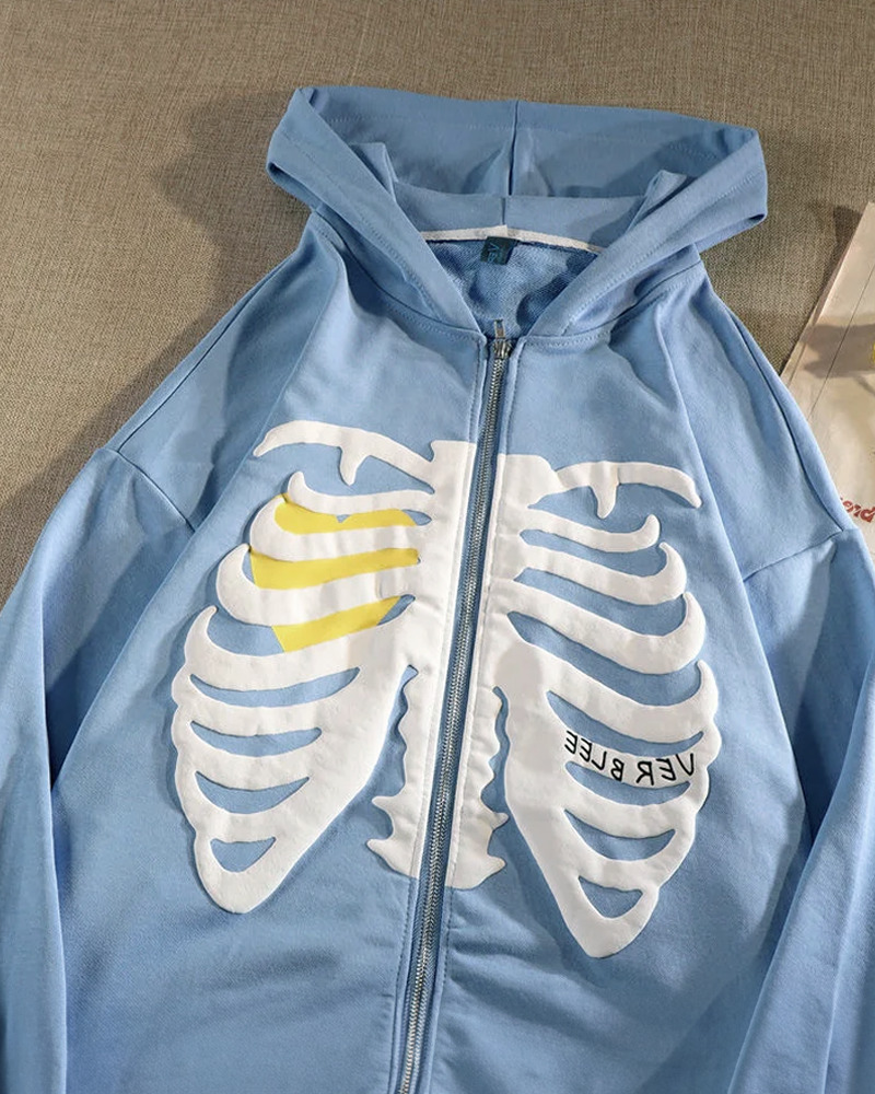 Blue Skeleton Hoodie - Y2K Summer, 90s Grunge, Retro Goth, Y2K Club & Party Outfits